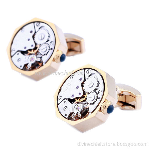 2015 Best Selling Men Movement Cufflinks, Golden Plated Stainless Steel Watch Cufflinks